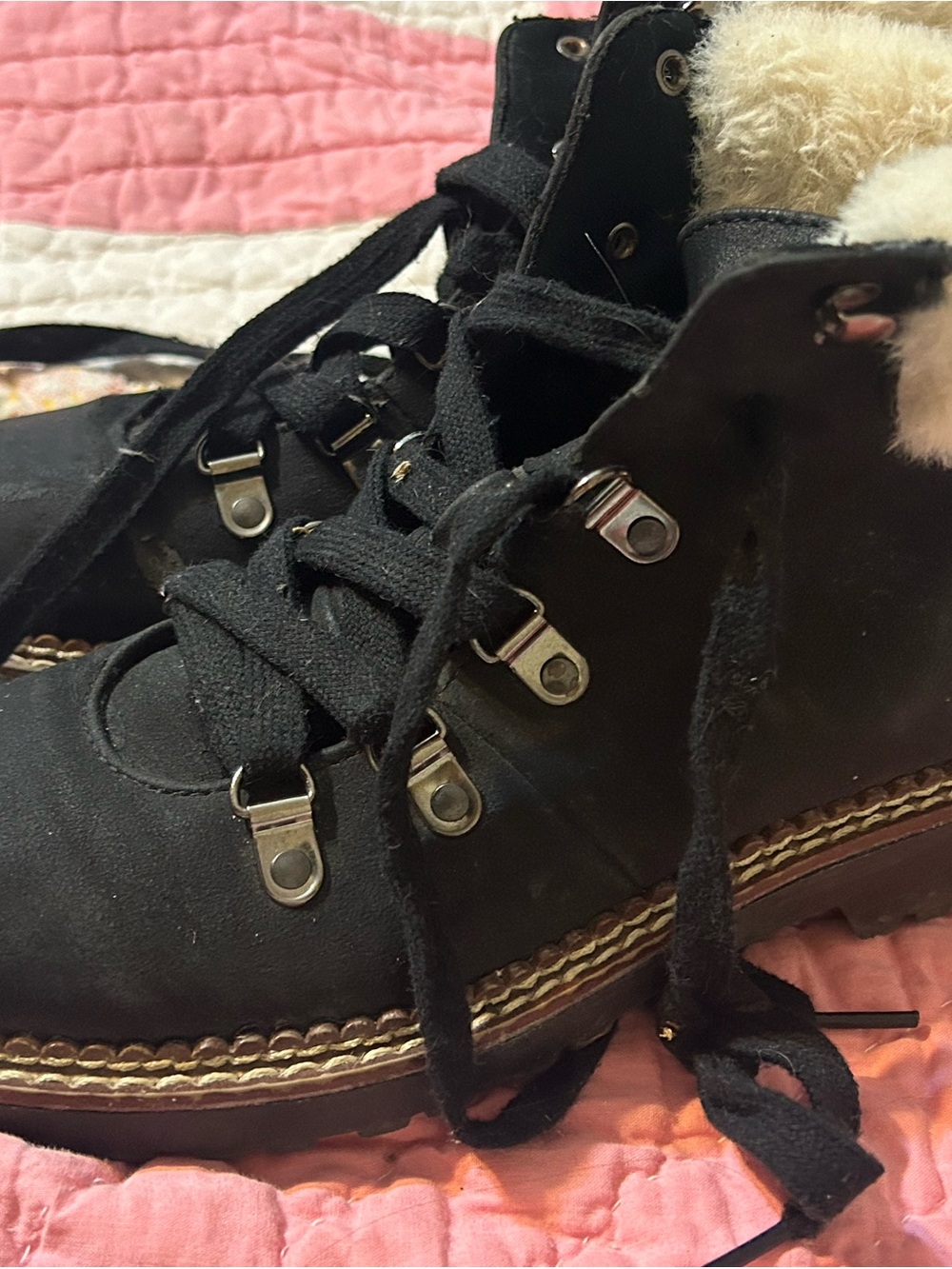 Black Lace-Up Winter Boots with Faux Shearling Trim